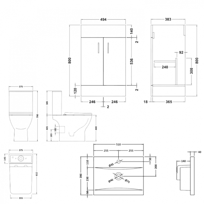 Aqua Dream Nomad Square Complete Bathroom Suite Package With 1600mm Bath And 500mm Vanity Unit