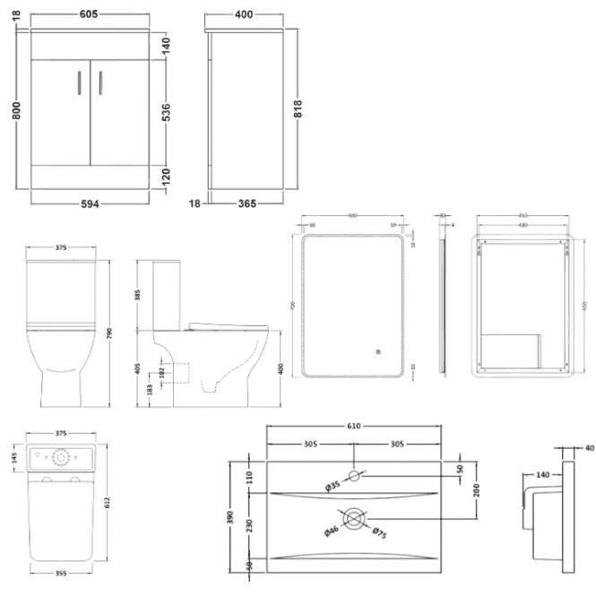 Aqua Dream Phase Square Complete Bathroom Suite Package With 1500mm Bath And 600mm Vanity Unit With Mirror