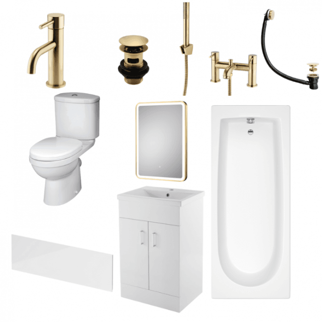 Aqua Dream Status Ivo Brushed Brass Complete Bathroom Suite Package With 1500mm Bath And 600mm Vanity Unit With Mirror