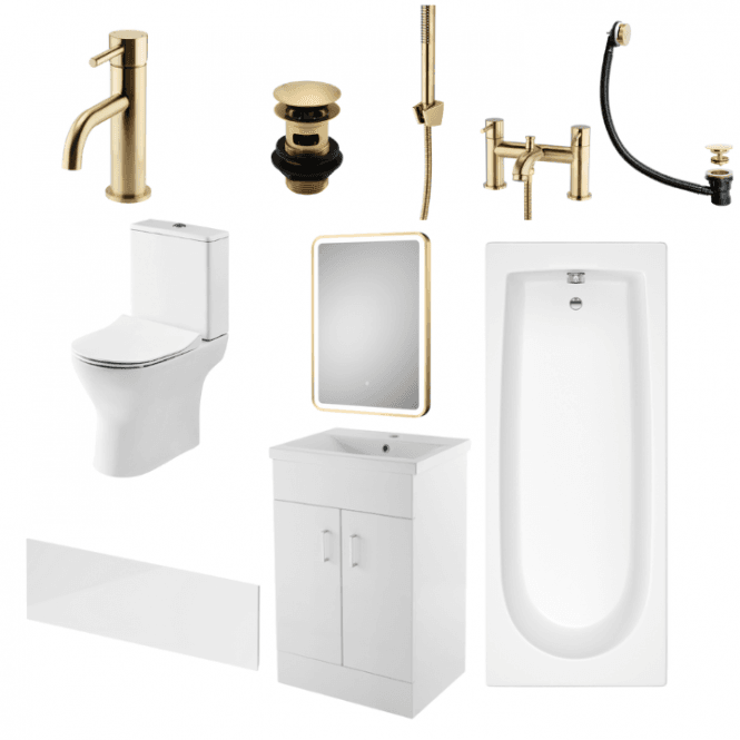 Aqua Dream Status Round Brushed Brass Complete Bathroom Suite Package With 1700mm Bath And 500mm Vanity Unit With Mirror