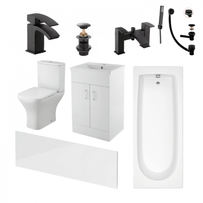 Aqua Dream Status Square Black Complete Bathroom Suite Package With 1700mm Bath And 500mm Vanity Unit