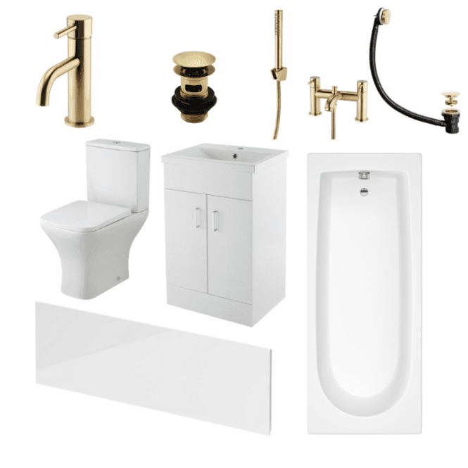 Aqua Dream Status Square Brushed Brass Complete Bathroom Suite Package With 1200mm Bath And 500mm Vanity Unit