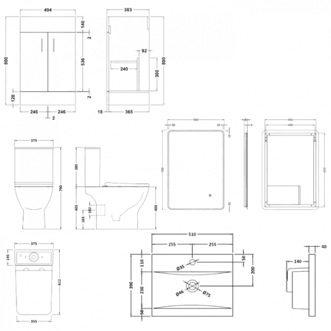 Aqua Dream Status Square Complete Bathroom Suite Package with 1700mm Bath and 500mm Vanity Unit With Mirror