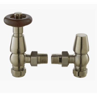 Bayswater Angled Thermo Radiator Valve c/w Lockshield Rounded - Satin Nickel