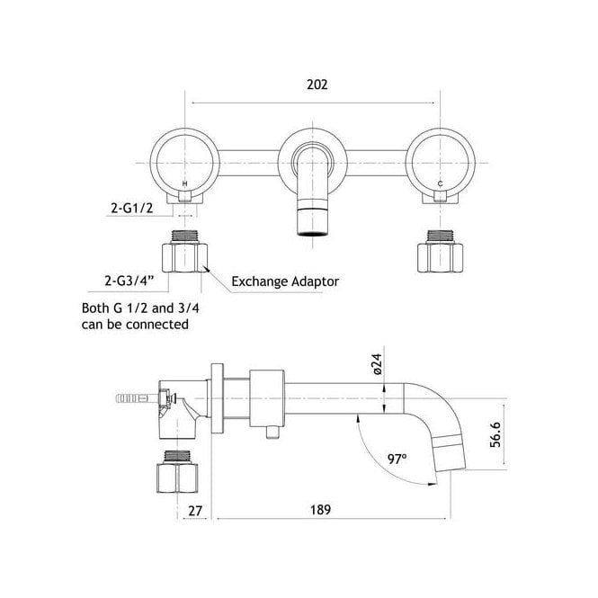 Eastbrook Meriden Three Hole Wall mounted Bath Tap set