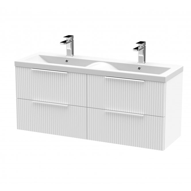 Hudson Reed  1200mm Wall Hung 4 Drawer Vanity & Double Basin Satin White DFF193F
