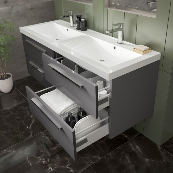 Hudson Reed  Quartet Gloss Grey 1440mm Double Cabinet & Basin