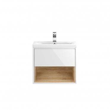 Hudson Reed Wall Hung 600mm Cabinet & Basin 3 Gloss White > Natural Oak CST986D