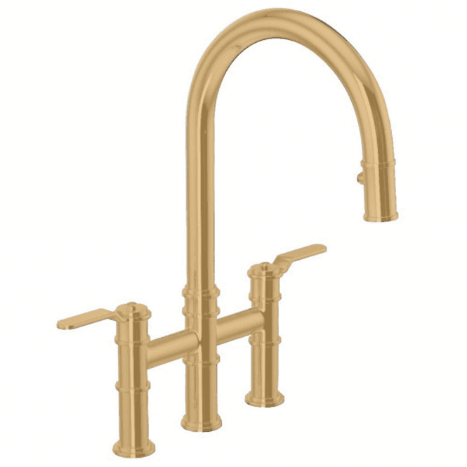 Perrin & Rowe  Armstrong Bridge Mixer With Pull Down Rinse Smooth Handles Satin Brass