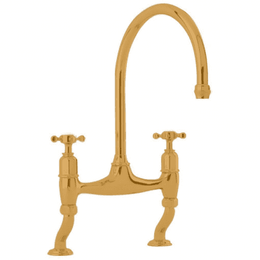 Perrine & Rowe Ionian 4192 Deck Mounted Bridge Kitchen Mixer Crosstop Handles Polished Brass