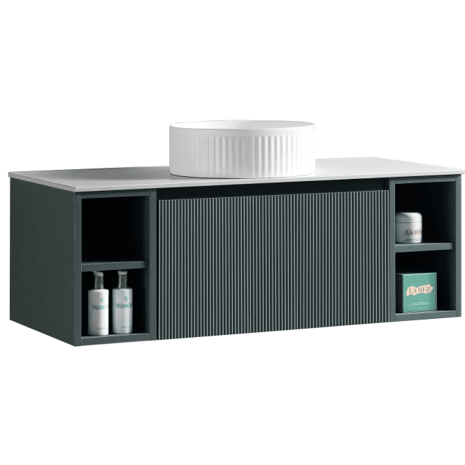 Tenby  Flauto 1000mm Wall Hung Vanity w. 2 Side Storage & Sintered Stone Counter Top - Smoked Sage TIS4412