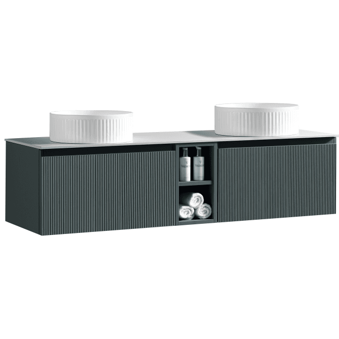 Tenby  Flauto 1400mm Wall Hung Double Vanity w. Side Storage Sintered Stone Counter Top - Smoked Sage TIS4416