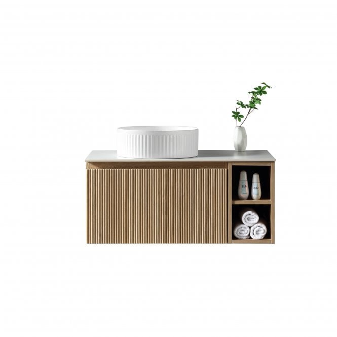 Tenby  Flauto 800mm Wall Hung Vanity w. Side Storage & Left Hand Sintered Stone Counter Top - Country Oak TIS4438