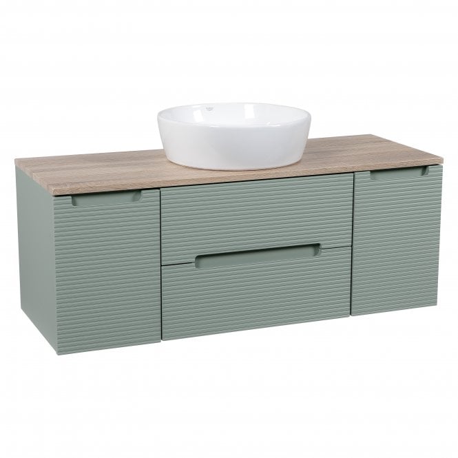 Tenby  Monza Plus 1200mm Fluted Wall Hung Vanity w. 2 Side Cabinets & Counter Top - Aloe Green/Country Oak TIS4435