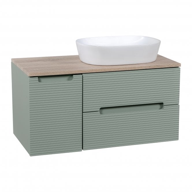 Tenby  Monza Plus 900mm Fluted Wall Hung Vanity w. Side Cabinet & Counter Top - Aloe Green/Country Oak TIS4434