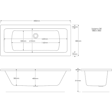 Trojan Solarna 1800 x 800mm Double Ended No Tap Hole Bath