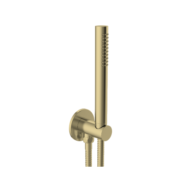 VOS brushed brass round water outlet with holder, metal hose and slim handshower