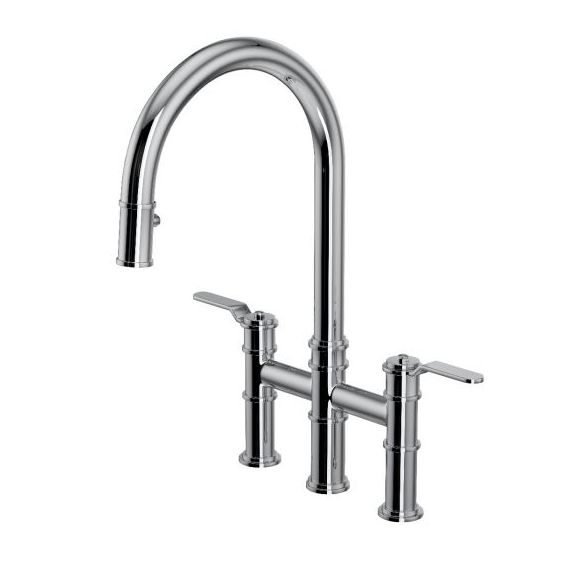 Perrin & Rowe Armstrong Bridge Mixer With Pull Down Rinse Smooth Handles Pewter