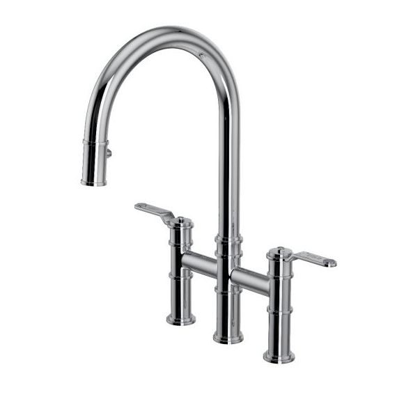 Perrin & Rowe Armstrong Bridge Mixer With Pull Down Rinse Textured Handles Polished Brass