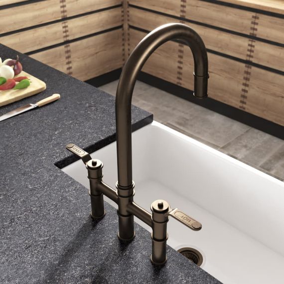 Perrin & Rowe Armstrong Bridge Mixer With Pull Down Rinse Textured Handles English Bronze