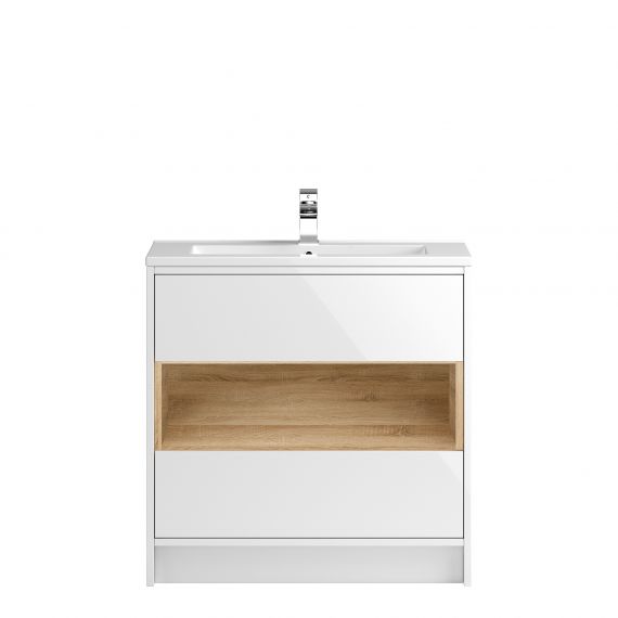 Hudson Reed Floor Standing 800mm Cabinet & Basin 2 Gloss White / Natural Oak CST978