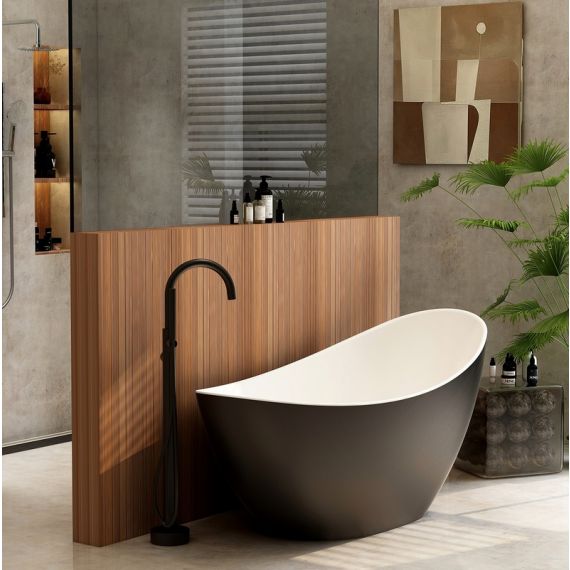 Imex Arco 1600mm Freestanding Sliper Bath Including White Dome Bath Waste - Matt Black - IM616-BLACK