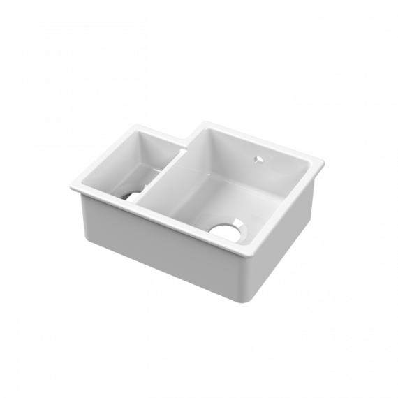 Nuie Fireclay 1.5 Bowl Undermount Kitchen Sink With Overflow White Right Hand 549mm PS130H22R
