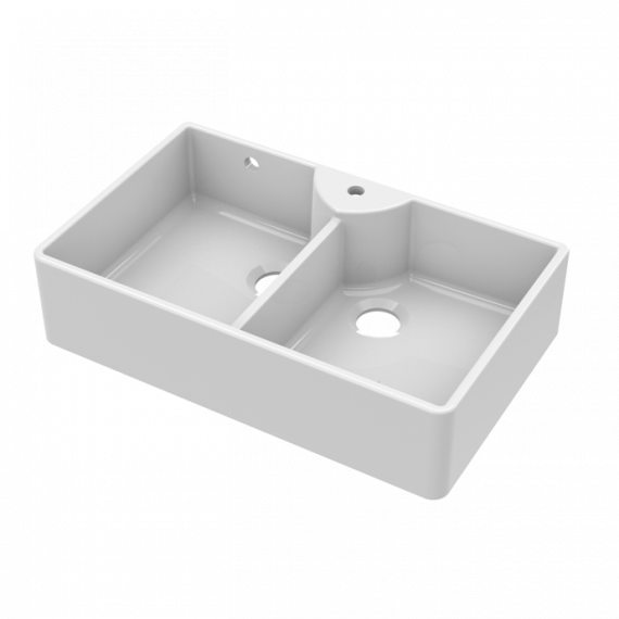 Nuie Fireclay Double Bowl Butler Stepped Weir Kitchen Sink With Tap Hole And Overflow White 895mm BU131AS36D