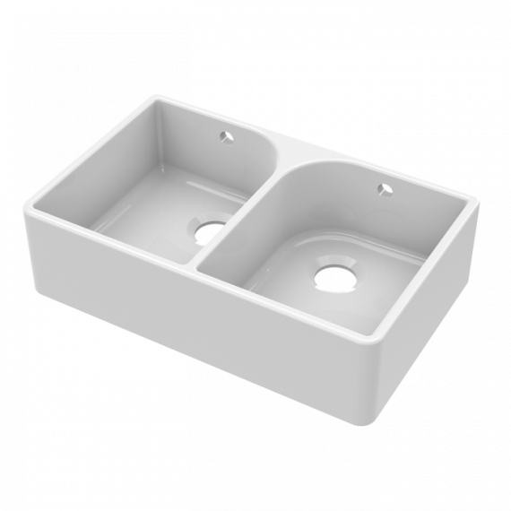 Nuie Fireclay Double Bowl Butler Full Weir Kitchen Sink With Overflow White 795mm BU121AF32D