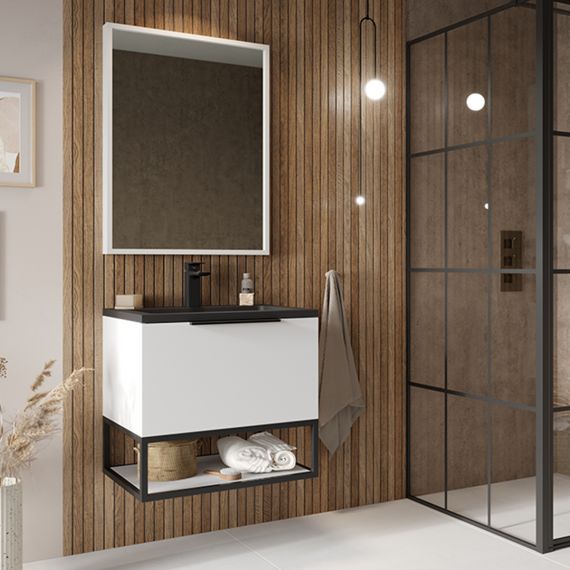 Scudo Ambience 600 Matt White Wall Hung LED Cabinet With Grey Basin