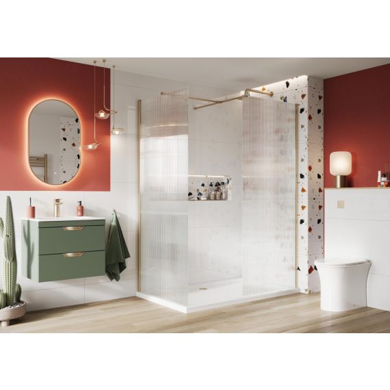 Scudo S8 8mm Fluted Glass Wetroom Panel 800mm with Brushed Brass Profile S8-FLUTE800