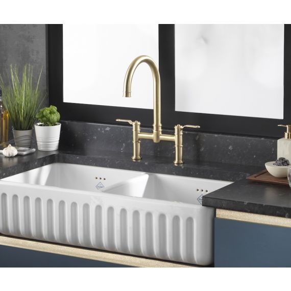 Perrin & Rowe Armstrong Bridge Mixer With Pull Down Rinse Textured Handles Satin Brass
