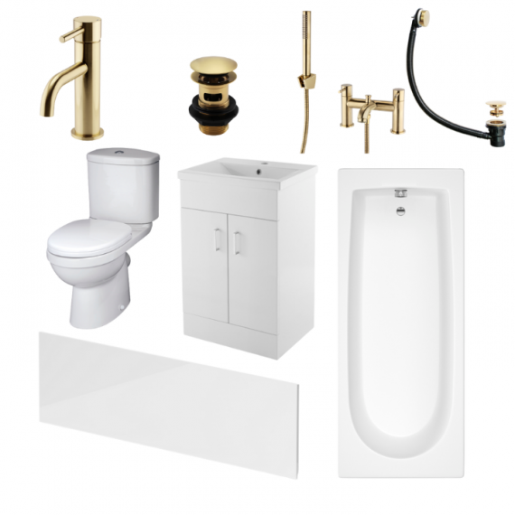 Status Ivo Brushed Brass Complete Bathroom Suite With 1600mm Bath And 500mm Vanity Unit