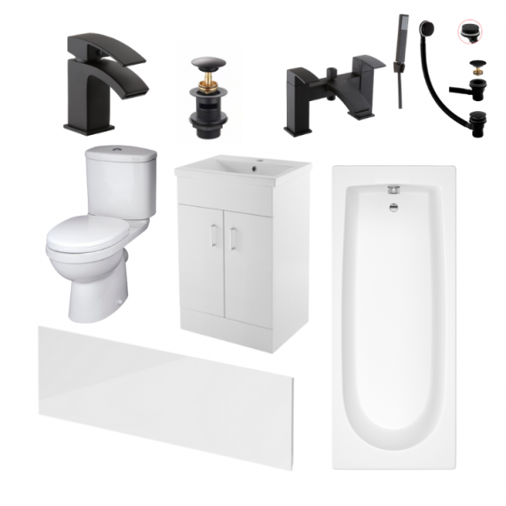 Status Ivo Black Compete Bathroom Suite Package With 1700mm Bath And 500mm Vanity Unit