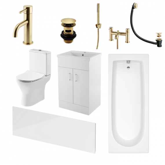 Status Round Brushed Brass Complete Bathroom Suite Package With 1600mm Bath And 500mm Vanity Unit
