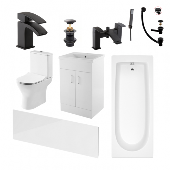 Status Round Black Complete Bathroom Suite Package With 1700mm Bath And 600mm Vanity Unit