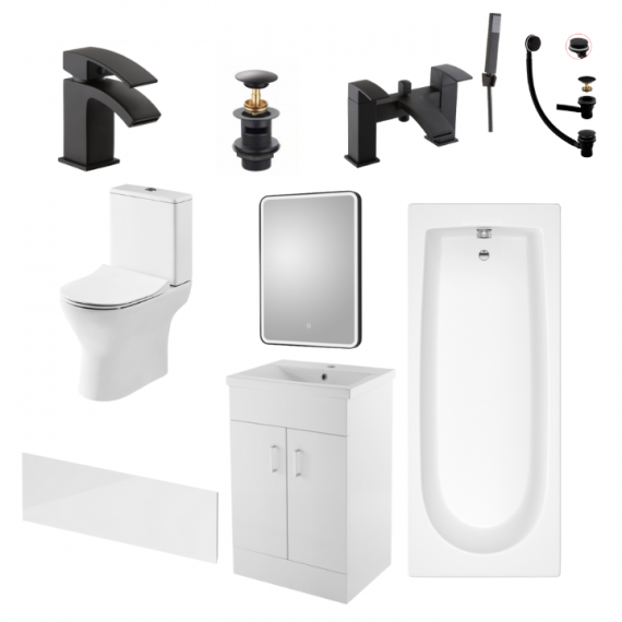 Status Round Black Complete Bathroom Suite Package With 1700mm Bath And 500mm Vanity Unit With Mirror