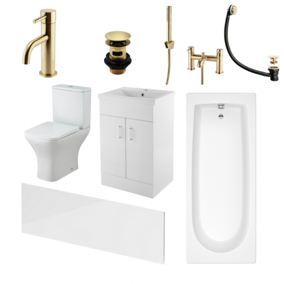 Status Square Brushed Brass Complete Bathroom Suite Package With 1600mm Bath And 500mm Vanity Unit