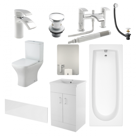 Status Square Complete Bathroom Suite Package with 1600mm Bath and 500mm Vanity Unit With Mirror