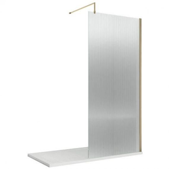 Hudson Reed 800mm Fluted Wetroom Screen with Support Bar Brushed Brass WRFL19580BB